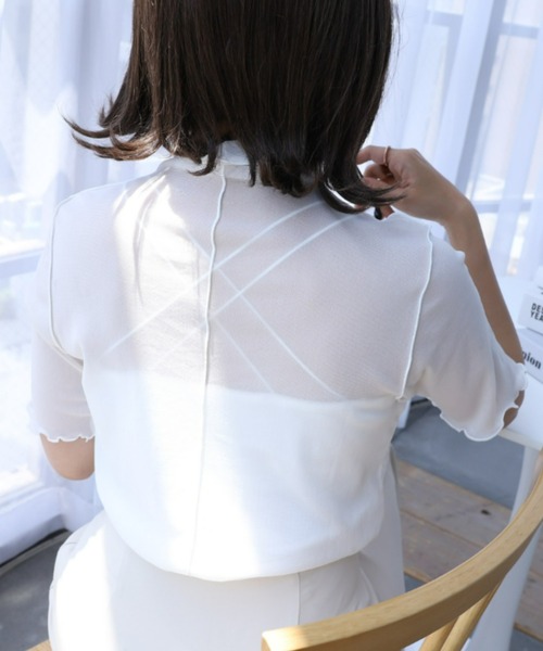 moment+(モーメントプラス)の「シアーハイネックメロー半袖プルオーバー(Tシャツ/カットソー・レディース・ブラック/オフホワイト・M)」の14枚目の写真