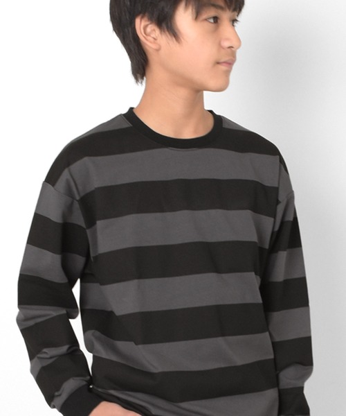 GLAZOS（グラソス）の「ワイドボーダードロップショルダーＴシャツ（Tシャツ/カットソー・キッズ・チャコールグレー/ベージュ/レッド/グリーン・140cm/150cm/160cm/170cm）」の2枚目の写真