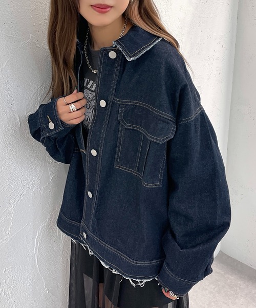 apres jour mignon（アプレジュールミニョン）の「デニムブルゾン【ZOZOTOWN限定アイテム】（ブルゾン・レディース・ブラック/ダークブルー・X-LARGE/フリー）」の2枚目の写真