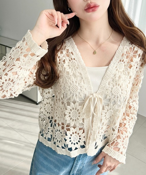 moment+（モーメントプラス）の「フロントリボンフラワークロシェカーディガン（カーディガン/ボレロ・レディース・ナチュラル/ブラック・M/L）」の12枚目の写真