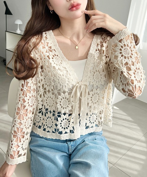 moment+（モーメントプラス）の「フロントリボンフラワークロシェカーディガン（カーディガン/ボレロ・レディース・ナチュラル/ブラック・M/L）」の9枚目の写真