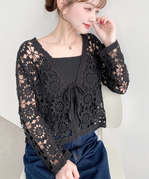 moment+（モーメントプラス）の「フロントリボンフラワークロシェカーディガン（カーディガン/ボレロ・レディース・ナチュラル/ブラック・M/L）」の14枚目の写真