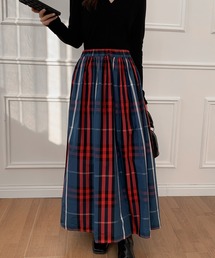 大柄チェックボリュームフレアロングスカート