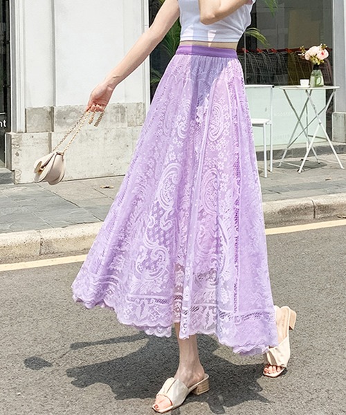 PRIVATE BEACH(プライベートビーチ)の「ボリュームレースロングスカート(スカート・レディース・ベージュ/ブラック/ホワイト/ラベンダー・FREE)」の4枚目の写真