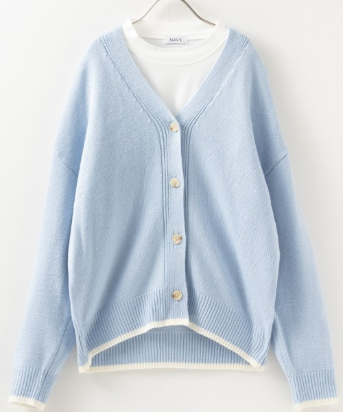 ネイビー ボタン付きカーディガン ボタン付きウールセーターVネックニットカーディガンルーズ
