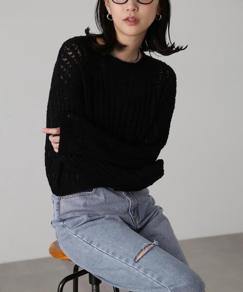 FREE'S MART（フリーズマート）の「メッシュショート丈ニット（ニット/セーター・レディース・イエロー/ホワイト/ブラック・FREE）」の2枚目の写真