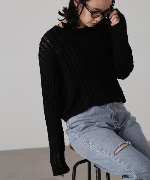 FREE'S MART（フリーズマート）の「メッシュショート丈ニット（ニット/セーター・レディース・イエロー/ホワイト/ブラック・FREE）」の5枚目の写真