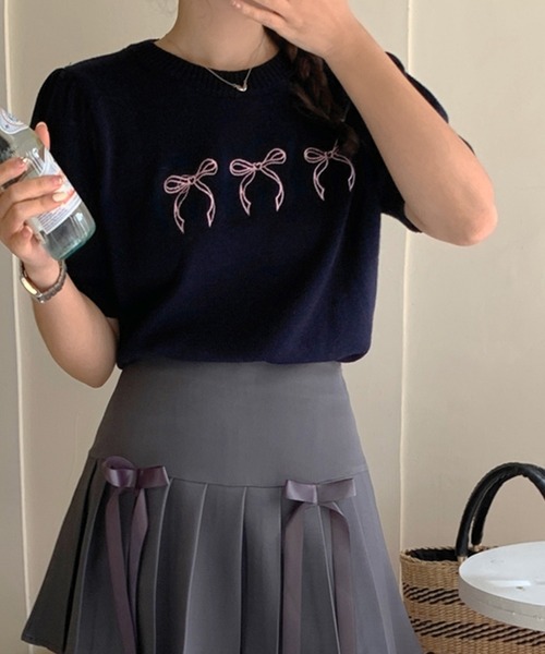 ニット セーター メニーリボン刺繍サマーニットトップス/パフスリーブ半袖ニット レディース セール】メニーリボン刺繍サマーニットトップス/パフスリーブ