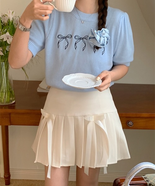 ニット セーター メニーリボン刺繍サマーニットトップス/パフスリーブ半袖ニット レディース セール】メニーリボン刺繍サマーニットトップス/パフスリーブ