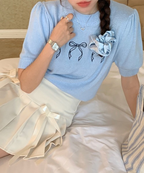ニット セーター メニーリボン刺繍サマーニットトップス/パフスリーブ半袖ニット レディース セール】メニーリボン刺繍サマーニットトップス/パフスリーブ