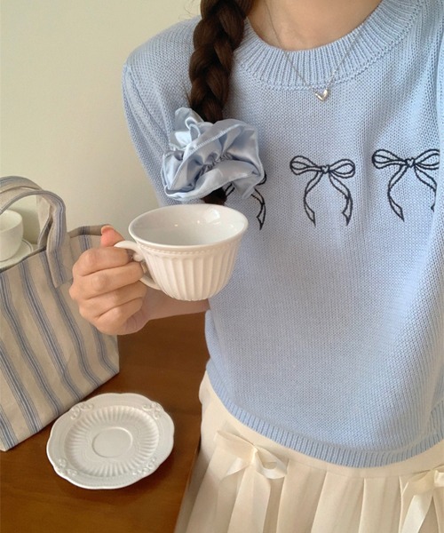 セール】メニーリボン刺繍サマーニットトップス/パフスリーブ