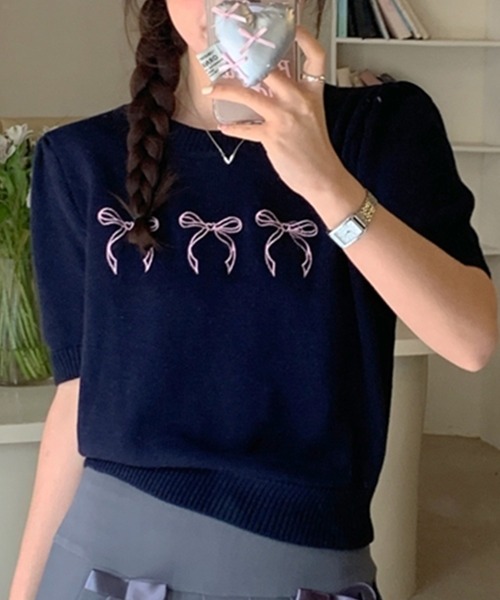 ニット セーター メニーリボン刺繍サマーニットトップス/パフスリーブ半袖ニット レディース セール】メニーリボン刺繍サマーニットトップス/パフスリーブ