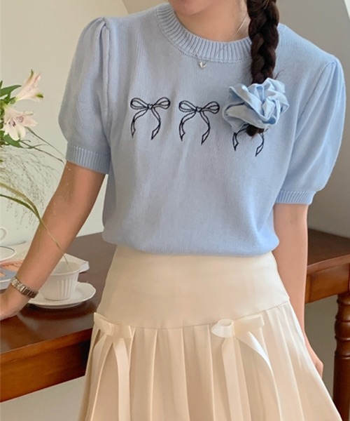 ニット セーター メニーリボン刺繍サマーニットトップス/パフスリーブ半袖ニット レディース セール】メニーリボン刺繍サマーニットトップス/パフスリーブ