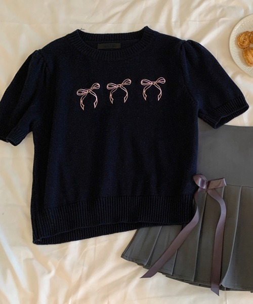 ニット セーター メニーリボン刺繍サマーニットトップス/パフスリーブ半袖ニット レディース セール】メニーリボン刺繍サマーニットトップス/パフスリーブ