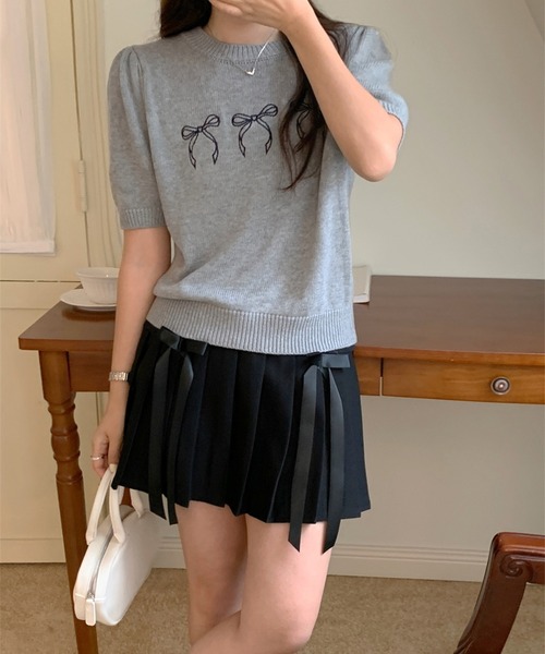 ニット セーター メニーリボン刺繍サマーニットトップス/パフスリーブ半袖ニット レディース セール】メニーリボン刺繍サマーニットトップス/パフスリーブ