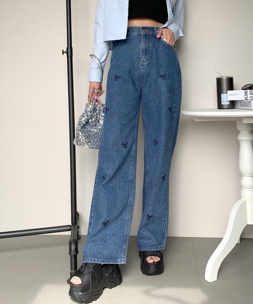 non-hedge（ノンヘッジ）の「リボン刺繍ストレートデニムパンツ（デニムパンツ・レディース・ブルー/ライトブルー・M/S）」の18枚目の写真