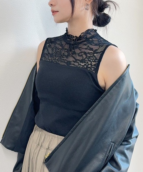 ハイネックレースノースリーブリブトップス（タンクトップ
