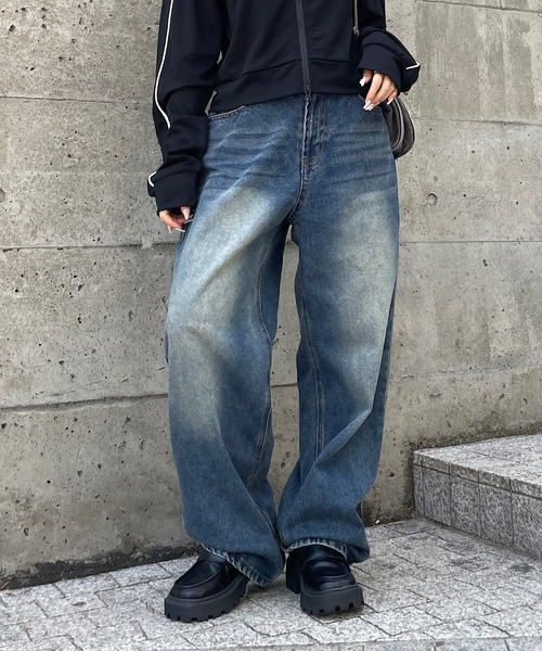 セール】ヴィンテージ加工デニムワイドパンツ（デニムパンツ）｜ROGER 