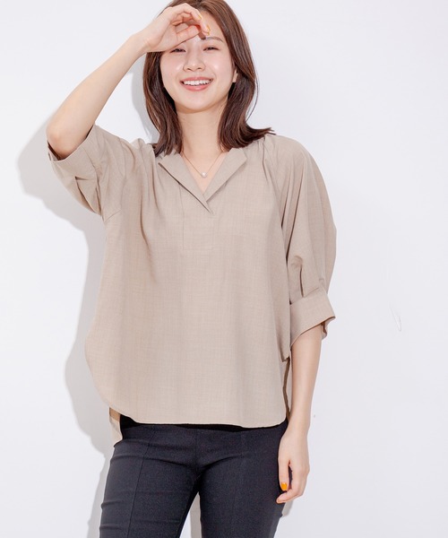 Jayro（ジャイロ）の「麻調合わせネックサークルブラウス（シャツ/ブラウス・レディース・ネイビー/ベージュ/オリーブ・FREE）」の5枚目の写真