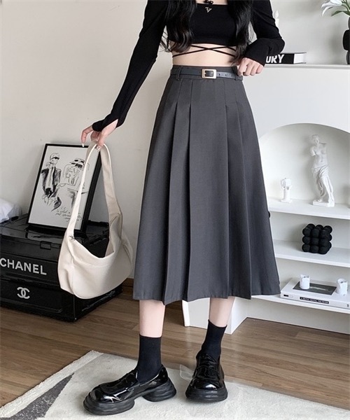 FREE STYLISTS（フリー スタイリスト）の「フロントプリーツロングスカート ベルト付け2点セット（スカート・レディース・ブラック/ベージュ/グレー/アイボリー・S/L/XL/M）」の4枚目の写真