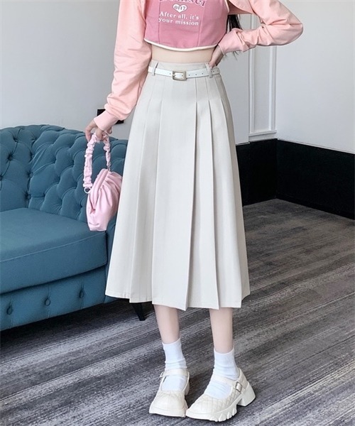 FREE STYLISTS（フリー スタイリスト）の「フロントプリーツロングスカート ベルト付け2点セット（スカート・レディース・ブラック/ベージュ/グレー/アイボリー・S/L/XL/M）」の2枚目の写真