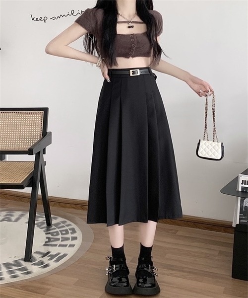 FREE STYLISTS（フリー スタイリスト）の「フロントプリーツロングスカート ベルト付け2点セット（スカート・レディース・ブラック/ベージュ/グレー/アイボリー・S/L/XL/M）」の18枚目の写真