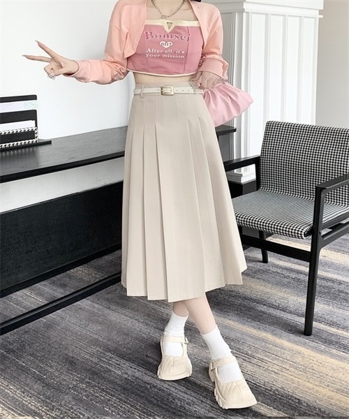 FREE STYLISTS（フリー スタイリスト）の「フロントプリーツロングスカート ベルト付け2点セット（スカート・レディース・ブラック/ベージュ/グレー/アイボリー・S/L/XL/M）」の7枚目の写真