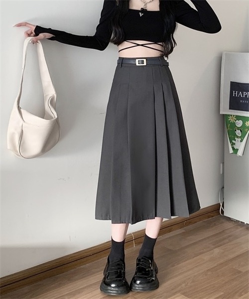 FREE STYLISTS（フリー スタイリスト）の「フロントプリーツロングスカート ベルト付け2点セット（スカート・レディース・ブラック/ベージュ/グレー/アイボリー・S/L/XL/M）」の11枚目の写真