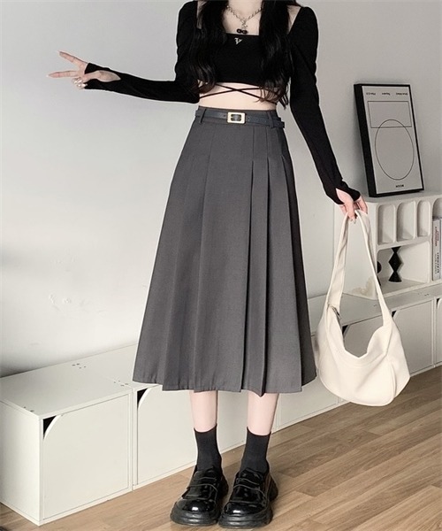 FREE STYLISTS（フリー スタイリスト）の「フロントプリーツロングスカート ベルト付け2点セット（スカート・レディース・ブラック/ベージュ/グレー/アイボリー・S/L/XL/M）」の6枚目の写真