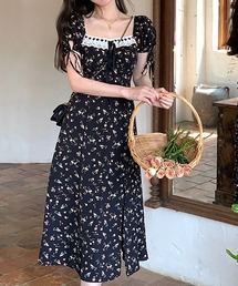 リボン レトロ 小花柄 スリットワンピース