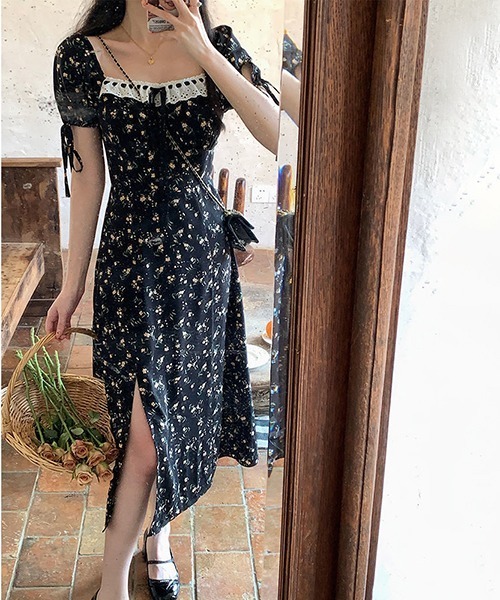 gossip！ロサンゼルス（ゴシップロサンゼルス）の「リボン　レトロ 小花柄 スリットワンピース（ワンピース・レディース・ブラック・FREE）」の9枚目の写真