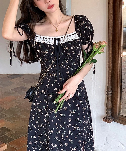 gossip！ロサンゼルス（ゴシップロサンゼルス）の「リボン　レトロ 小花柄 スリットワンピース（ワンピース・レディース・ブラック・FREE）」の4枚目の写真