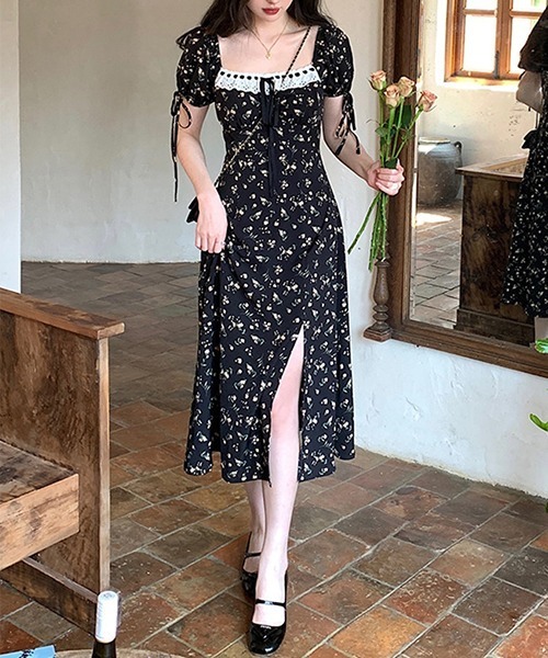 gossip！ロサンゼルス（ゴシップロサンゼルス）の「リボン　レトロ 小花柄 スリットワンピース（ワンピース・レディース・ブラック・FREE）」の10枚目の写真