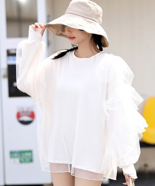 TeddyShop（テディショップ）の「【UVカット率 99％以上】レディース 長袖シースルーチュールティアードフリルラッシュガードトップス（ラッシュガード・レディース・グレー/アイボリー/ピンク/ブラック・M/L）」の7枚目の写真