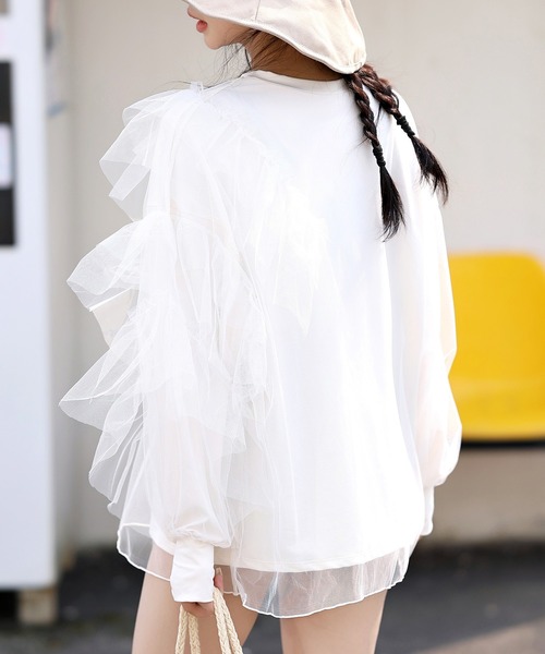 TeddyShop（テディショップ）の「【UVカット率 99％以上】レディース 長袖シースルーチュールティアードフリルラッシュガードトップス（ラッシュガード・レディース・グレー/アイボリー/ピンク/ブラック・M/L）」の8枚目の写真