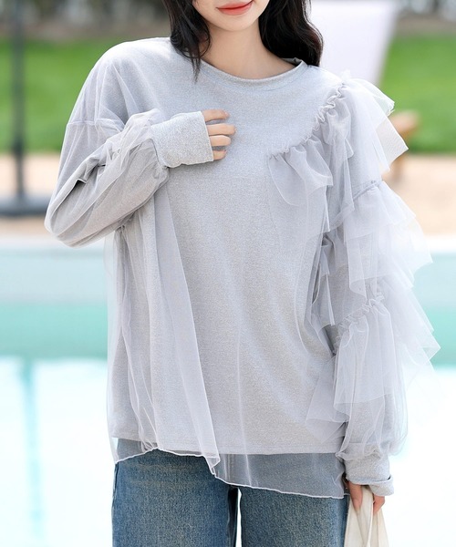 TeddyShop（テディショップ）の「【UVカット率 99％以上】レディース 長袖シースルーチュールティアードフリルラッシュガードトップス（ラッシュガード・レディース・グレー/アイボリー/ピンク/ブラック・M/L）」の18枚目の写真