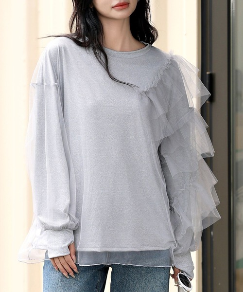 TeddyShop（テディショップ）の「【UVカット率 99％以上】レディース 長袖シースルーチュールティアードフリルラッシュガードトップス（ラッシュガード・レディース・グレー/アイボリー/ピンク/ブラック・M/L）」の19枚目の写真