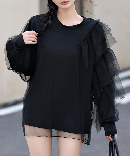 TeddyShop（テディショップ）の「【UVカット率 99％以上】レディース 長袖シースルーチュールティアードフリルラッシュガードトップス（ラッシュガード・レディース・グレー/アイボリー/ピンク/ブラック・M/L）」の13枚目の写真