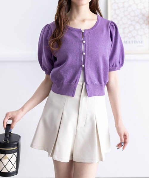 clear(クリア)の「パフスリーブラメニット半袖カーディガン≪2024SS≫(カーディガン/ボレロ・レディース・パープル/レッド/ブルーグレー/オフホワイト・F)」の4枚目の写真