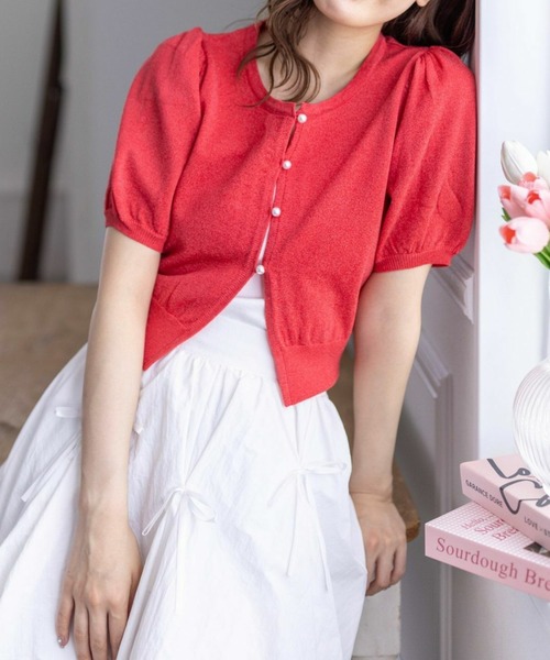 clear(クリア)の「パフスリーブラメニット半袖カーディガン≪2024SS≫(カーディガン/ボレロ・レディース・パープル/レッド/ブルーグレー/オフホワイト・F)」の1枚目の写真