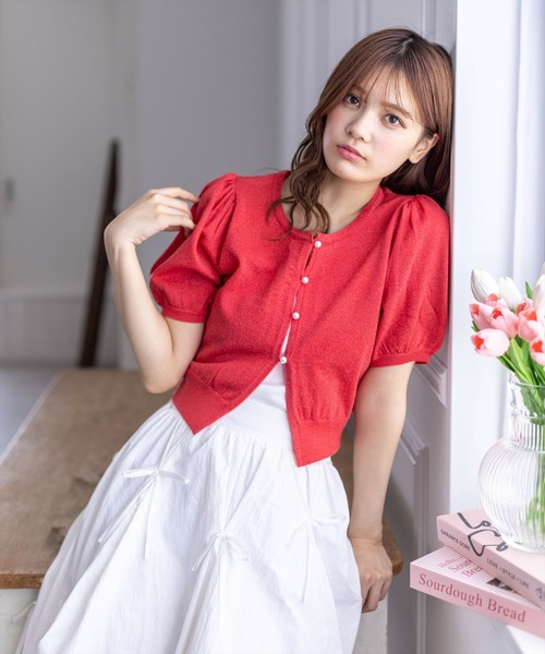 clear(クリア)の「パフスリーブラメニット半袖カーディガン≪2024SS≫(カーディガン/ボレロ・レディース・パープル/レッド/ブルーグレー/オフホワイト・F)」の19枚目の写真