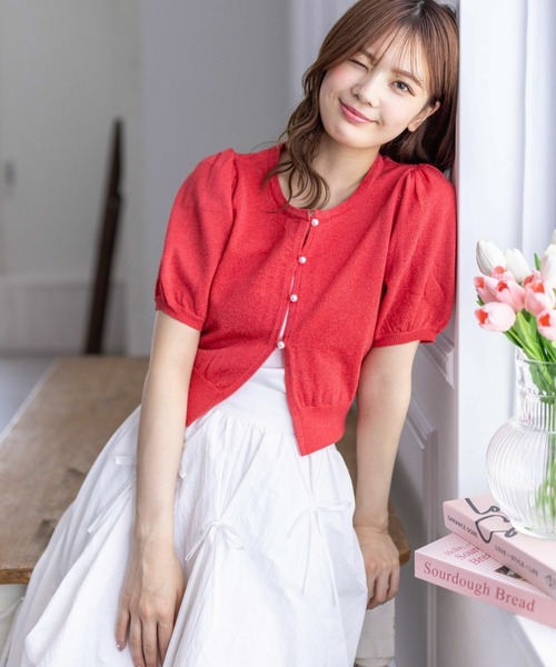 clear(クリア)の「パフスリーブラメニット半袖カーディガン≪2024SS≫(カーディガン/ボレロ・レディース・パープル/レッド/ブルーグレー/オフホワイト・F)」の18枚目の写真