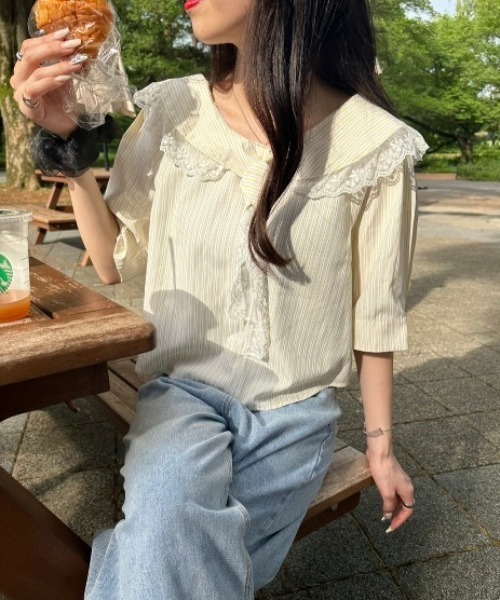 nemne store(ネンネストア)の「ボウタイレースストライプブラウス(シャツ/ブラウス・レディース・ブルー/イエロー・フリー)」の1枚目の写真