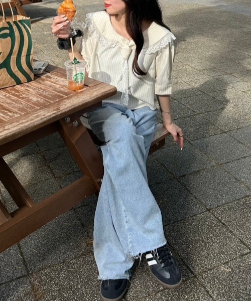 nemne store(ネンネストア)の「ボウタイレースストライプブラウス(シャツ/ブラウス・レディース・ブルー/イエロー・フリー)」の8枚目の写真