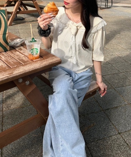 nemne store(ネンネストア)の「ボウタイレースストライプブラウス(シャツ/ブラウス・レディース・ブルー/イエロー・フリー)」の9枚目の写真