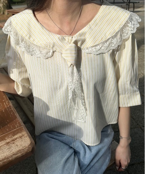 nemne store(ネンネストア)の「ボウタイレースストライプブラウス(シャツ/ブラウス・レディース・ブルー/イエロー・フリー)」の10枚目の写真