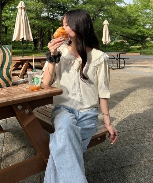 nemne store(ネンネストア)の「ボウタイレースストライプブラウス(シャツ/ブラウス・レディース・ブルー/イエロー・フリー)」の7枚目の写真