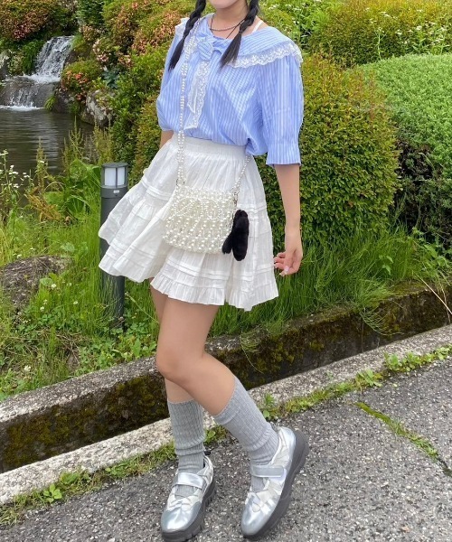 nemne store(ネンネストア)の「ボウタイレースストライプブラウス(シャツ/ブラウス・レディース・ブルー/イエロー・フリー)」の3枚目の写真