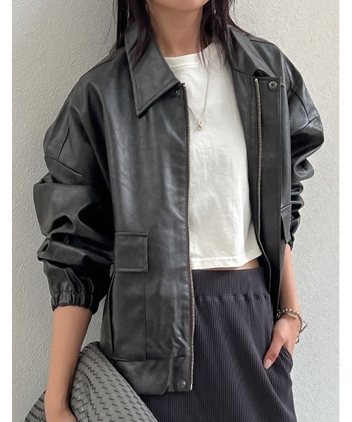 Re:EDIT（リエディ）の「[2025AW COLLECTION][低身長サイズ有]フェイクレザージップブルゾン（ブルゾン・レディース・ブラウン/ブラック・MEDIUM/LARGE/SHORT）」の18枚目の写真