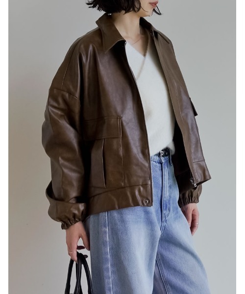 Re:EDIT（リエディ）の「[2025AW COLLECTION][低身長サイズ有]フェイクレザージップブルゾン（ブルゾン・レディース・ブラウン/ブラック・MEDIUM/LARGE/SHORT）」の13枚目の写真
